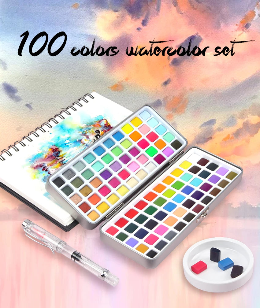 Seamiart 50/72/90/100 Color Solid Watercolor Paint Set Basic Neone Glitter Watercolor Pigments for Drawing Art Paint Supplies