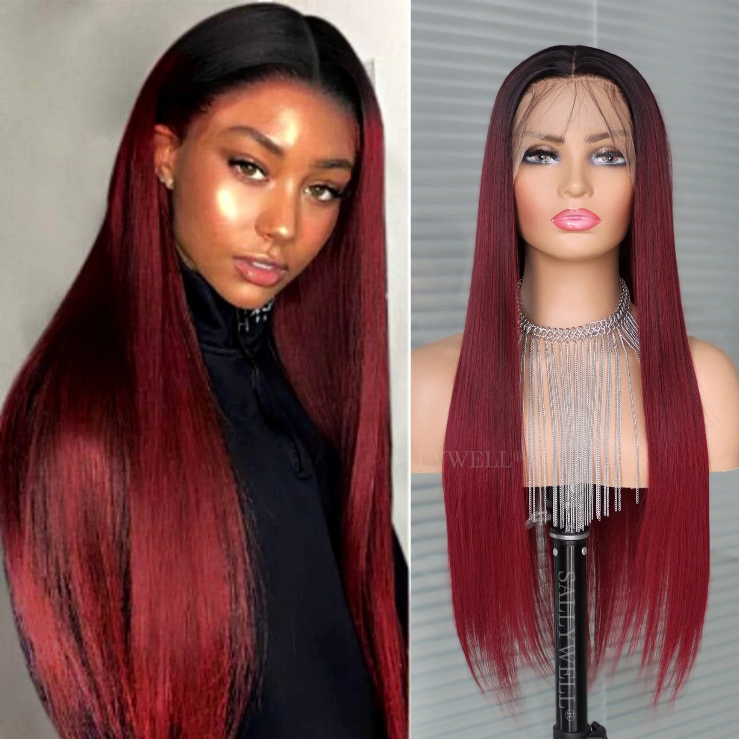 13x4 Burgundy Straight Lace Front Wig 3T Color Wig With Natural Hairline Heat Resistant Fiber Hair Synthetic Wig Pre Plucked