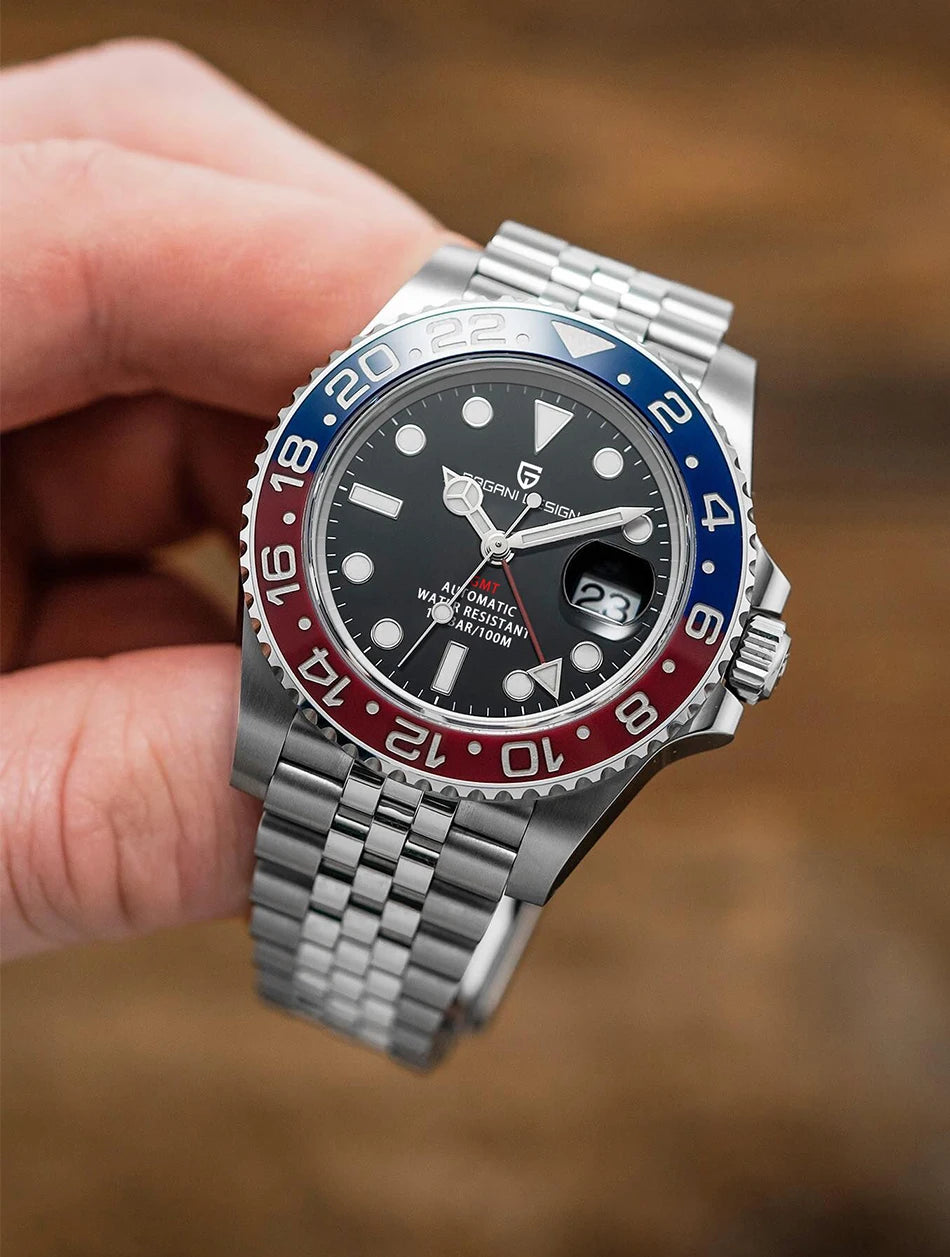 PAGANI DESIGN GMT Watches Men's Luxury Automatic Mechanical Wristwatch Sapphire Glass 40MM Stainless Steel Waterproof Watch