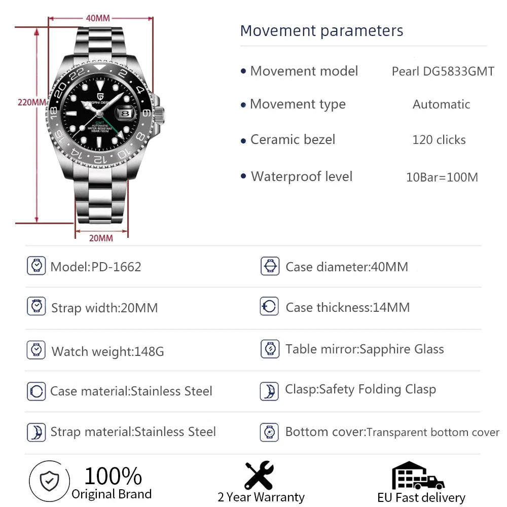PAGANI DESIGN GMT Watches Men's Luxury Automatic Mechanical Wristwatch Sapphire Glass 40MM Stainless Steel Waterproof Watch