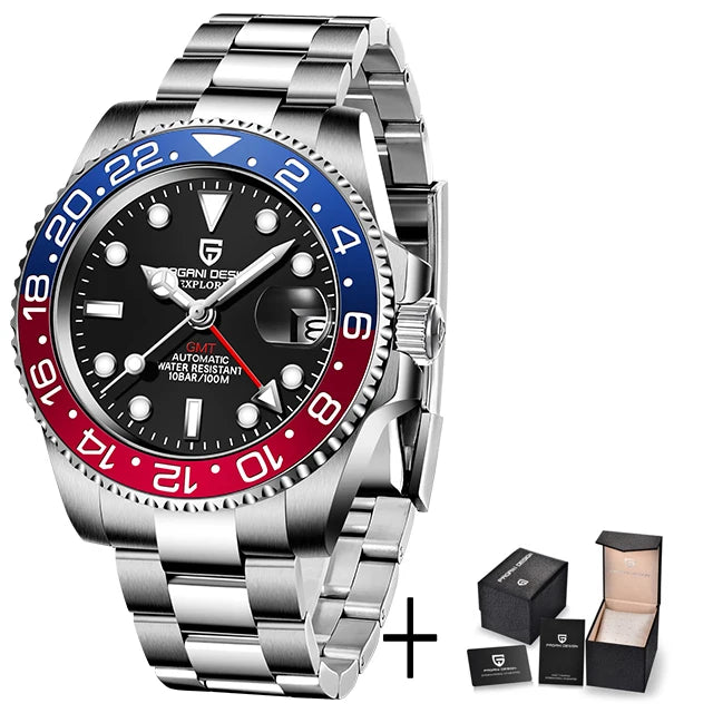 PAGANI DESIGN GMT Watches Men's Luxury Automatic Mechanical Wristwatch Sapphire Glass 40MM Stainless Steel Waterproof Watch