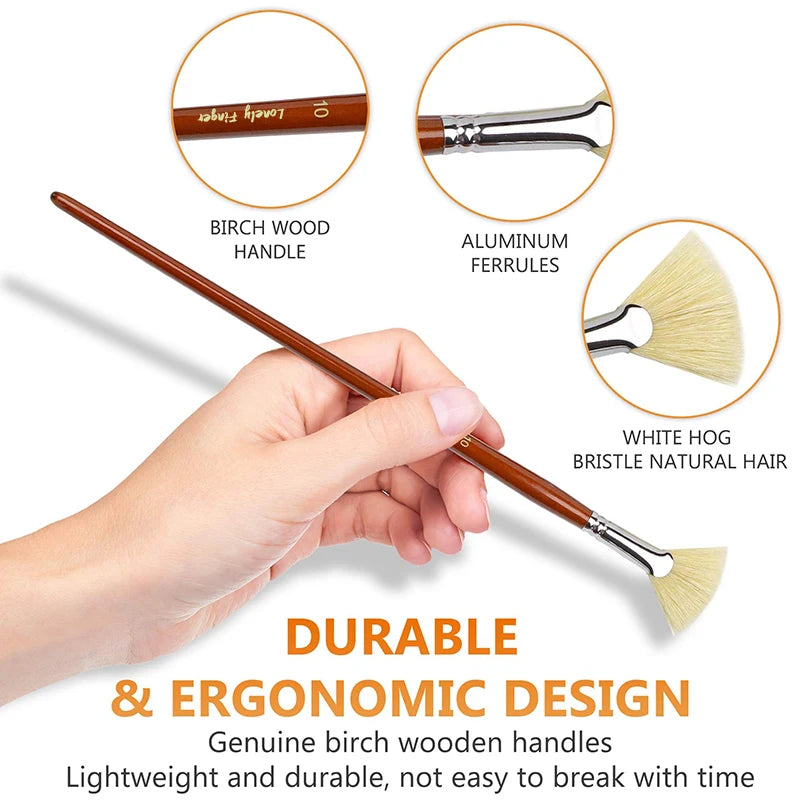 Artist Fan Paint Brush Set of 7, White Hog Bristle Natural Hair Anti-Shedding Brush Tips, Long Handle for Acrylic Oil Painting