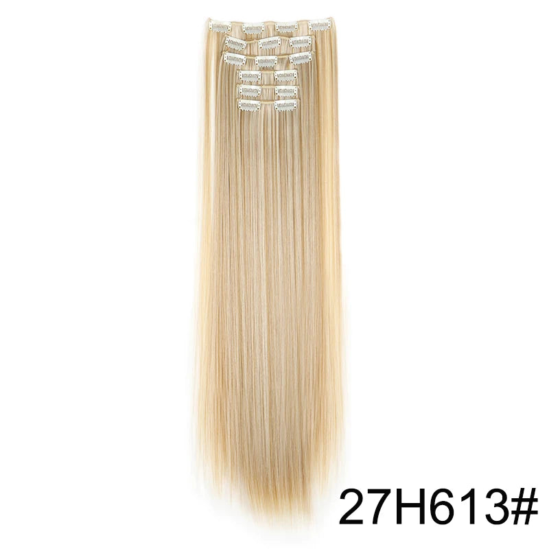 Synthetic 24Inch 16 Clips in Hair Extensions Long Straight Hairstyle Blonde Black Hairpieces Heat Resistant False Hair Daily Use