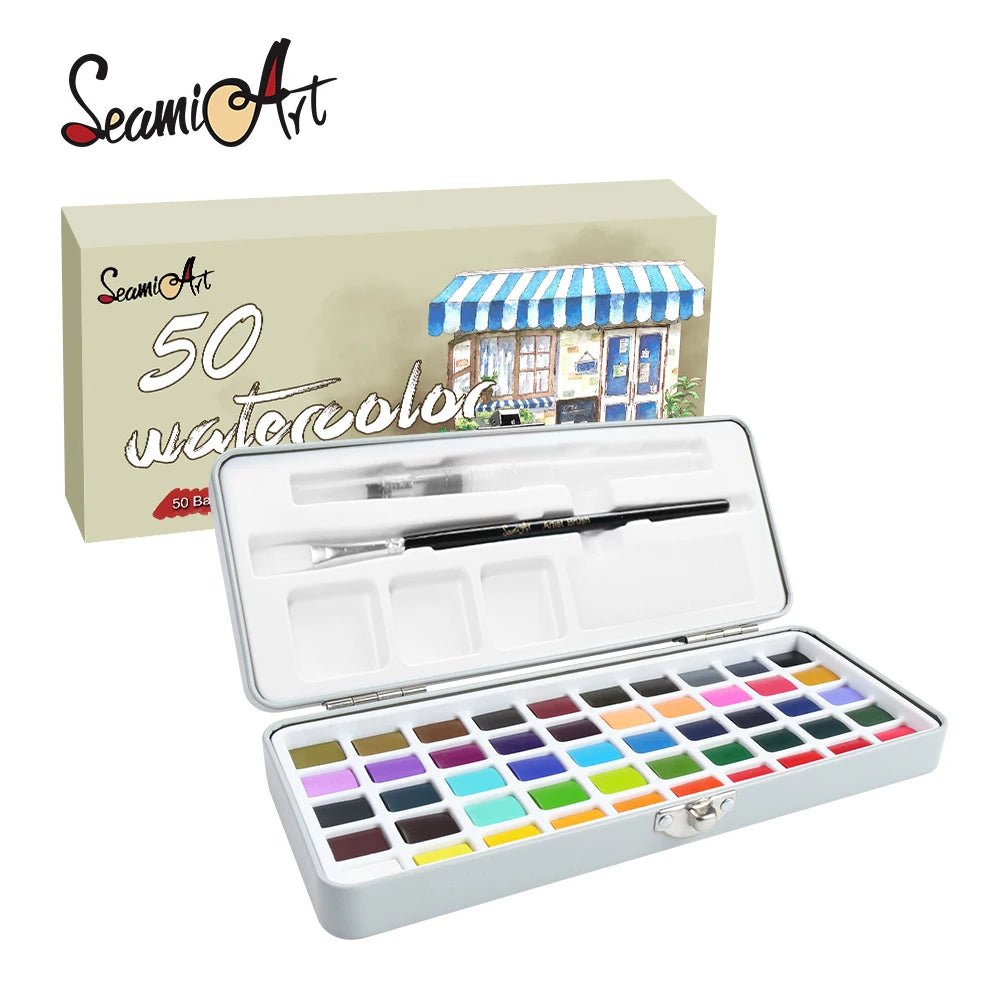 Seamiart 50/72/90/100 Color Solid Watercolor Paint Set Basic Neone Glitter Watercolor Pigments for Drawing Art Paint Supplies