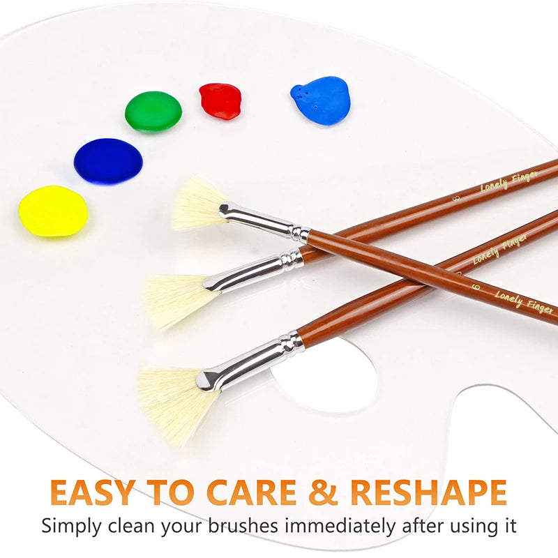 Artist Fan Paint Brush Set of 7, White Hog Bristle Natural Hair Anti-Shedding Brush Tips, Long Handle for Acrylic Oil Painting