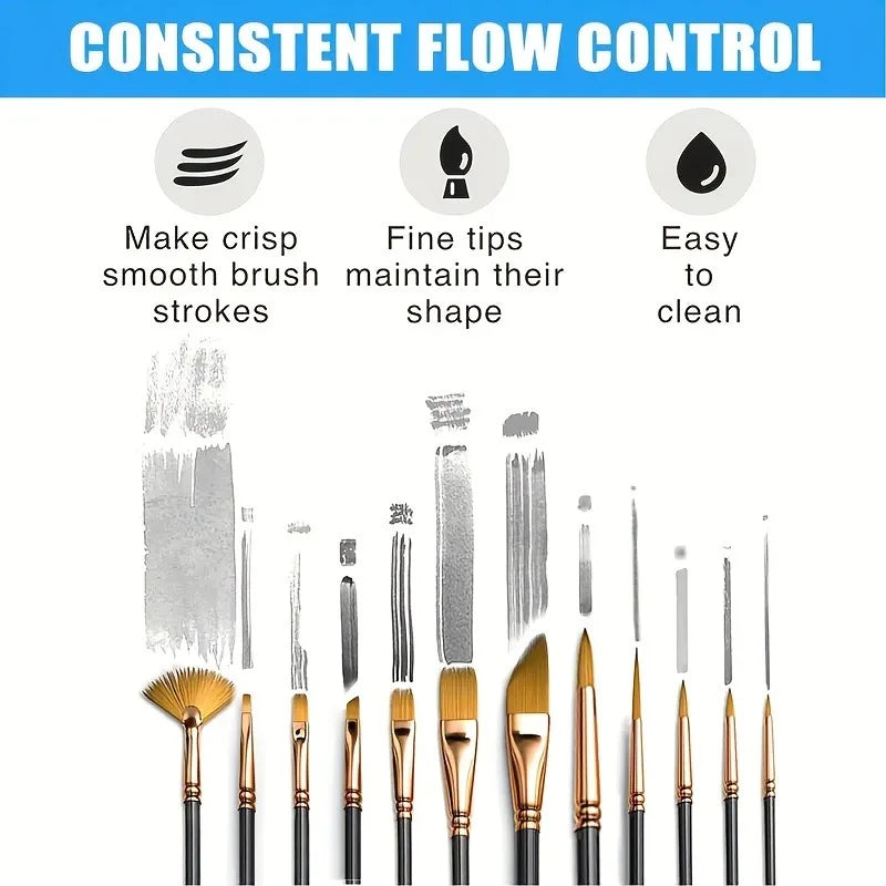 12pcs Nylon Bristle Brush Set Flat Brushes Watercolor Oil Paint For Artists Amateur And Acrylic Paintings Fabric Brushes