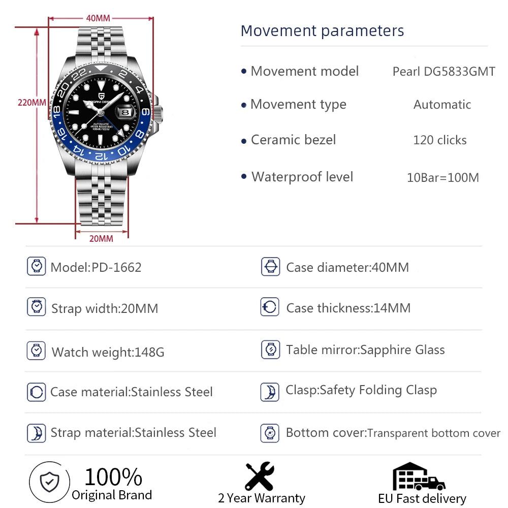 PAGANI DESIGN GMT Watches Men's Luxury Automatic Mechanical Wristwatch Sapphire Glass 40MM Stainless Steel Waterproof Watch