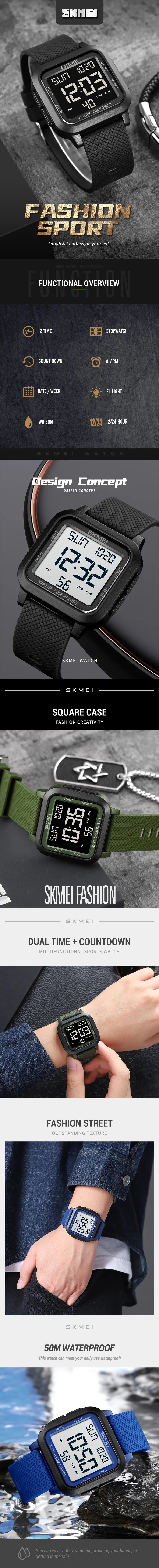 SKMEI Outdoor Sport Watch Men Alarm Chrono Clock 5Bar Waterproof Military Watches LED Display Shock Digital Watch reloj hombre