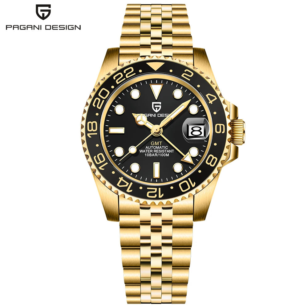 PAGANI DESIGN GMT Watches Men's Luxury Automatic Mechanical Wristwatch Sapphire Glass 40MM Stainless Steel Waterproof Watch