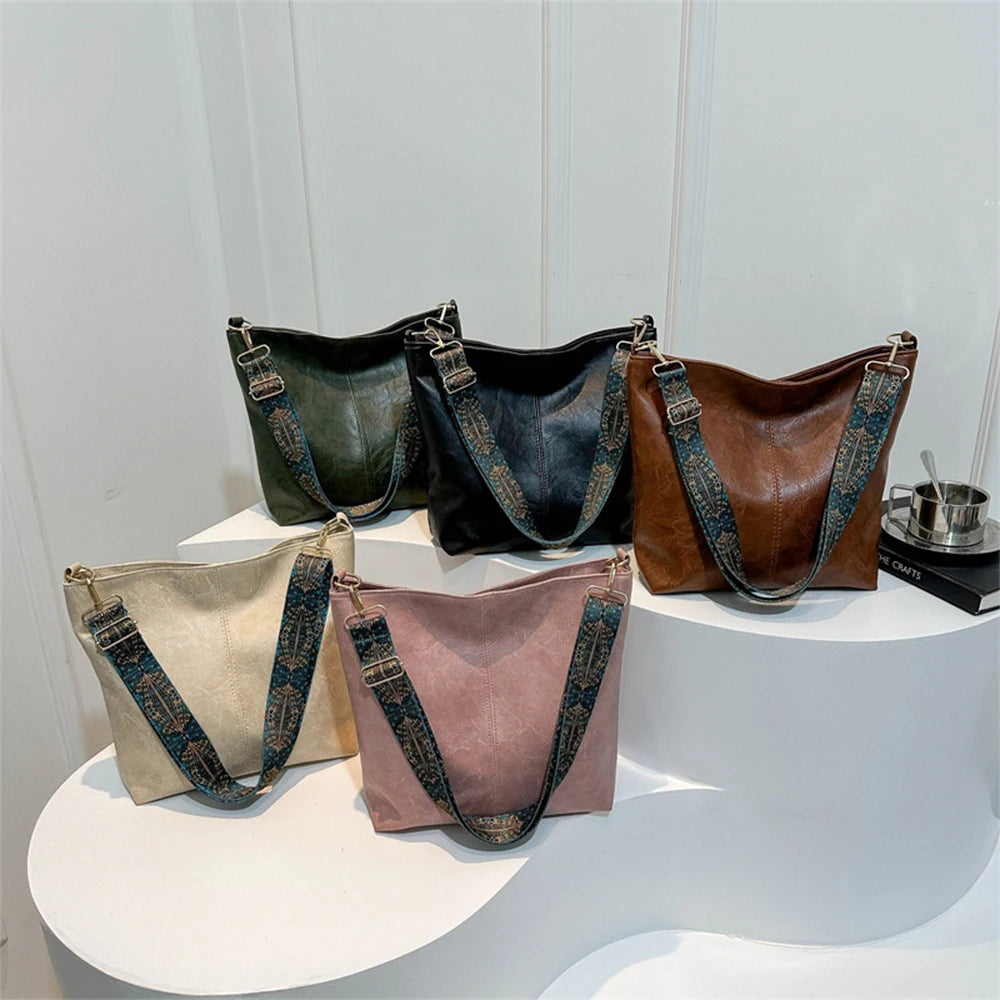 Women's retro solid color PU large capacity shoulder bag, fashionable crossbody bag, suitable for girls' daily commuting -zmt