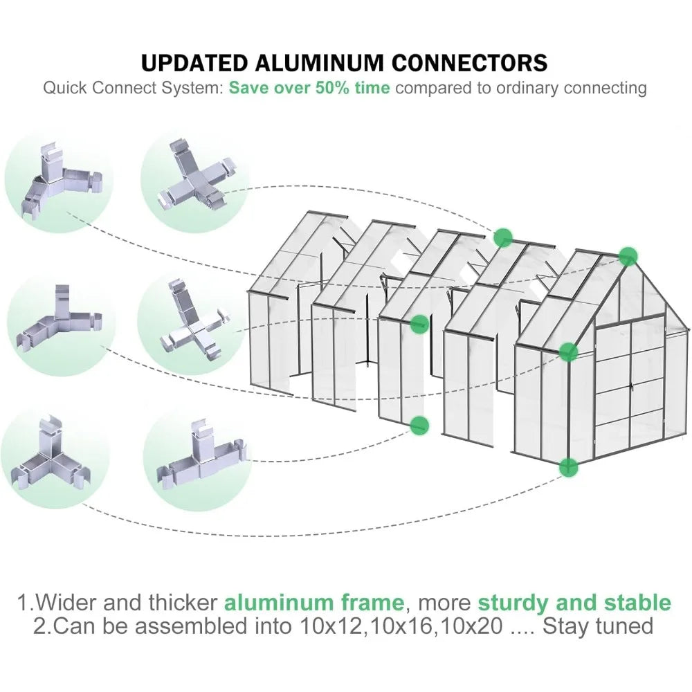 20x10x10 FT Greenhouse, Thicker Aluminum Heavy Duty Polycarbonate Greenhouse Kit W/4 Vent Window, Walk-in Green House