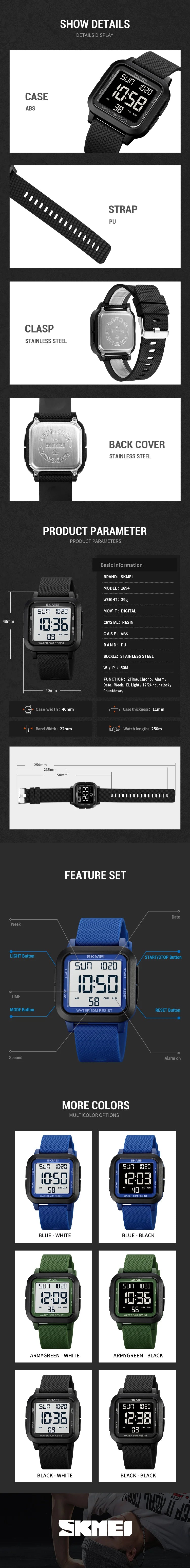 SKMEI Outdoor Sport Watch Men Alarm Chrono Clock 5Bar Waterproof Military Watches LED Display Shock Digital Watch reloj hombre