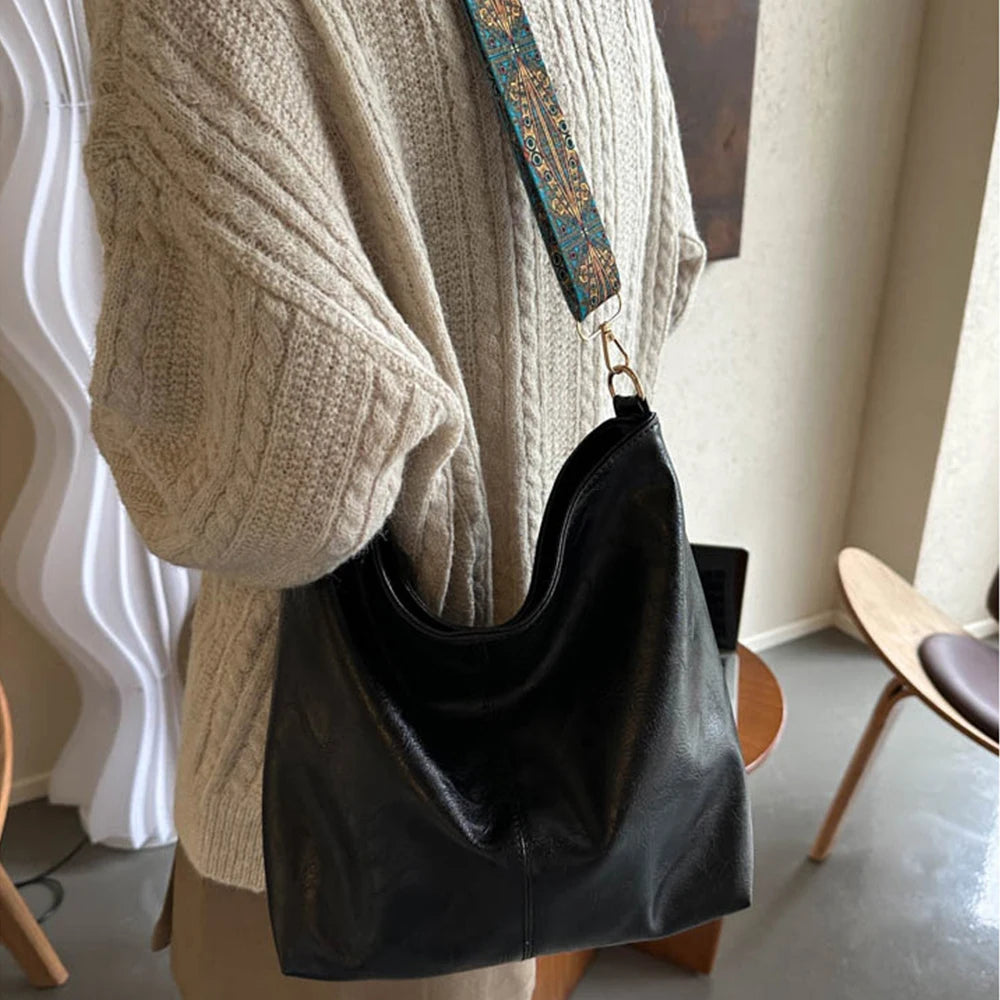 Women's retro solid color PU large capacity shoulder bag, fashionable crossbody bag, suitable for girls' daily commuting -zmt