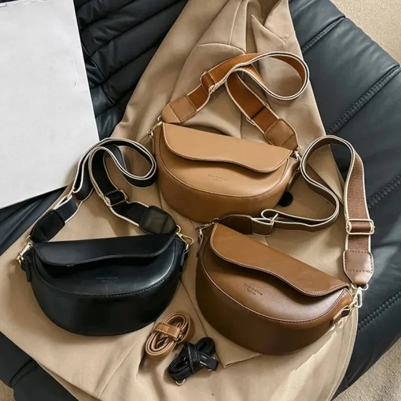 Vintage PU Leather Crossbody Bag for Women Small Saddle Shoulder Bag with Wide Strap Flap Design